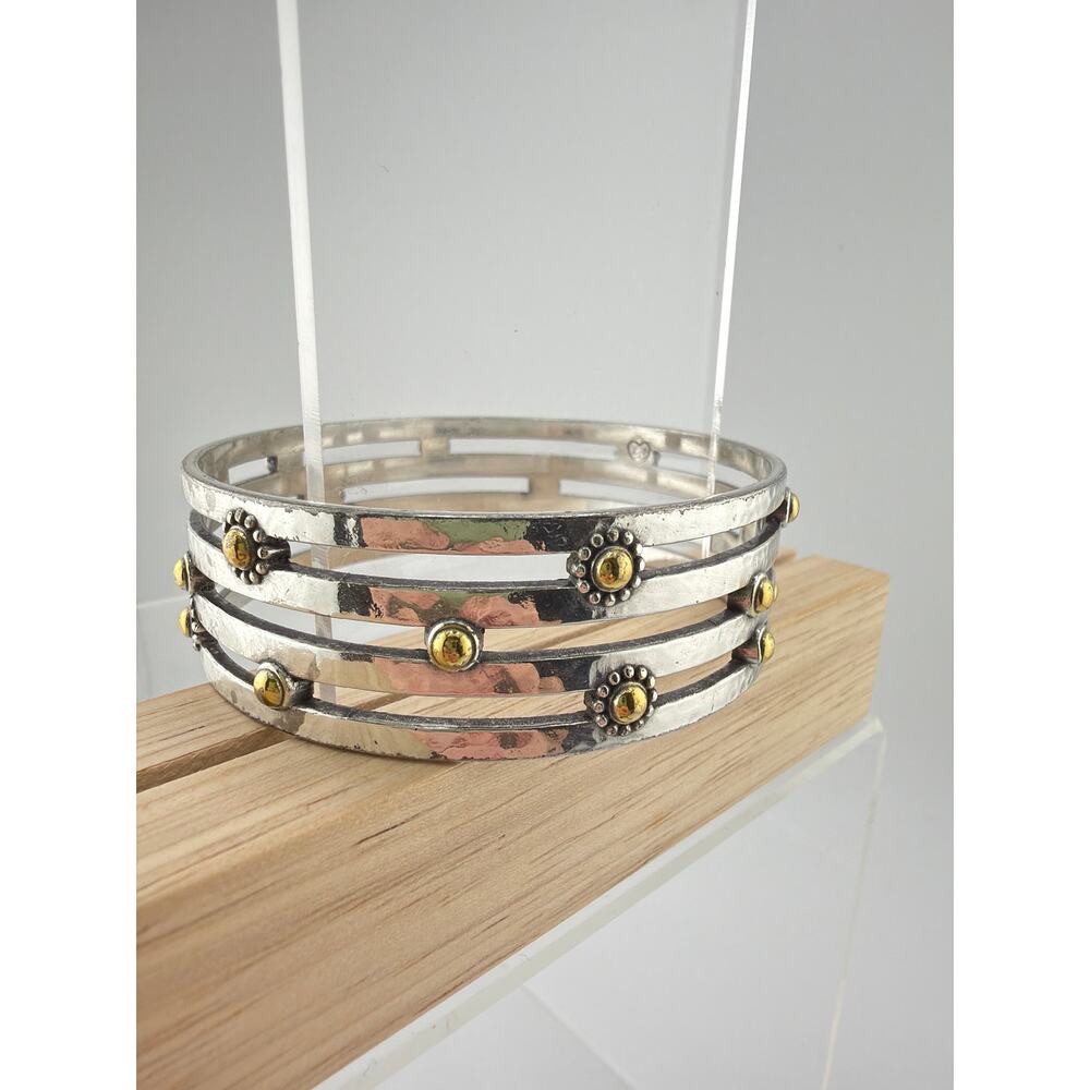 Brighton Vintage Floral Two Tone Hammered Wide Bangle Bracelet - Picture 2 of 4